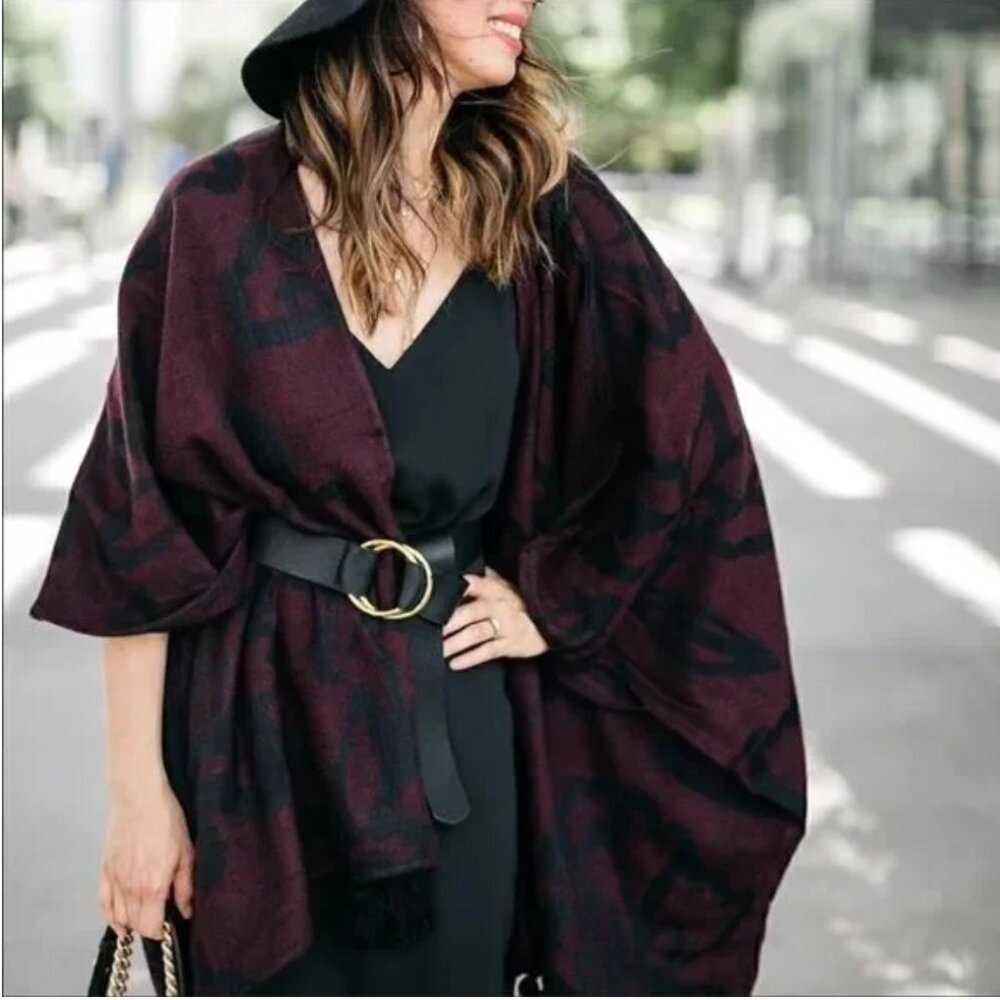 Cleobella Fringe Trim Burgundy Floral Poncho Wrap Cardigan O/S